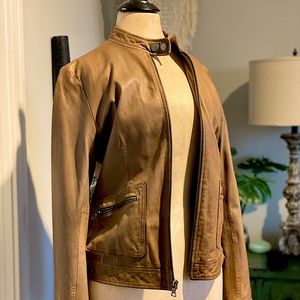 Soft Leather Moto Racer Jacket Light Brown